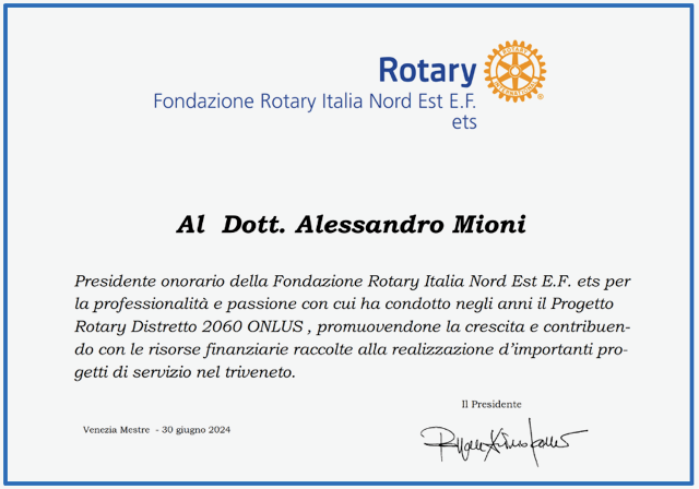 Fondazione Rotary: ALESSANDRO MIONI PRESIDENTE ONORARIO